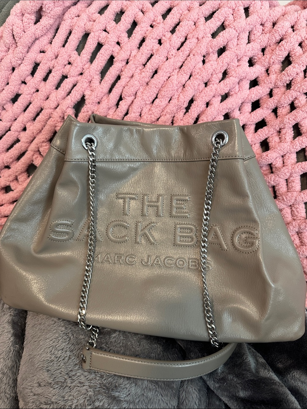 Marc Jacobs Taupe Leather Sack Shoulder Bag with Chain Straps